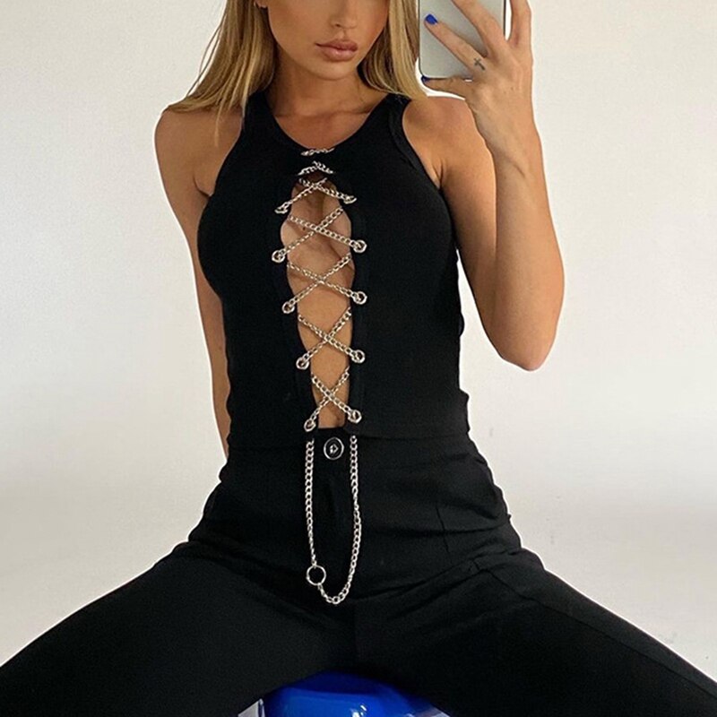 Top ajustado con cadena de Metal para mujer, Top de encaje, ropa de calle, camisetas sin mangas acanaladas
