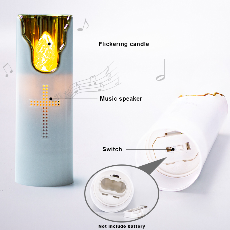 Lámparas de vela de oración sin llama con altavoz de música llama oscilante baterías secas vela eléctrica Led alimentada para cementerio de iglesia