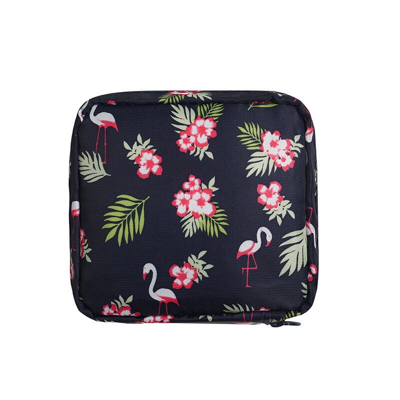 Portable large capacity sanitary napkin storage bag travel cosmetic storage makeup bag jewelry storage bag lipstick bag purse: B Black flamingo
