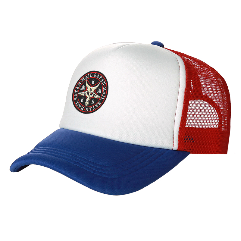 Hail Satan 666 Baphomet pentagramme casquette de camionneur hommes pendentif rouge chèvre chapeau casquette de Baseball Cool été unisexe maille Net casquettes: Rose