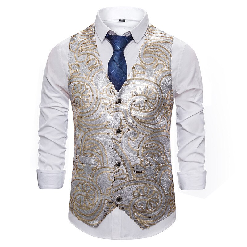 Herre skinnende gull paljett glitter pyntet vest bryllup prom slim fit vest mannlig gilet homme dj club scene sanger kostyme: Sølv / Xxl