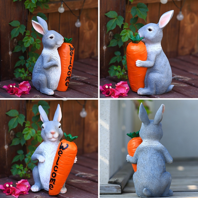 Polyresin Bunny with Carrot Decorations Spring Easter Decor Garden Statue Figurines Tabletopper Accessories 101A