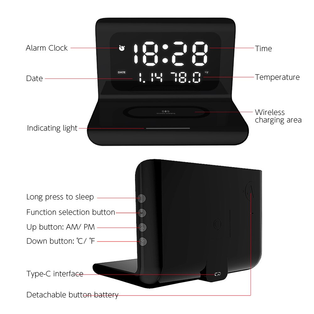 2 in1 trådløse oplader pad vækkeur digital led elektrisk vækkeur termometer qi trådløs opladning pad station til telefon