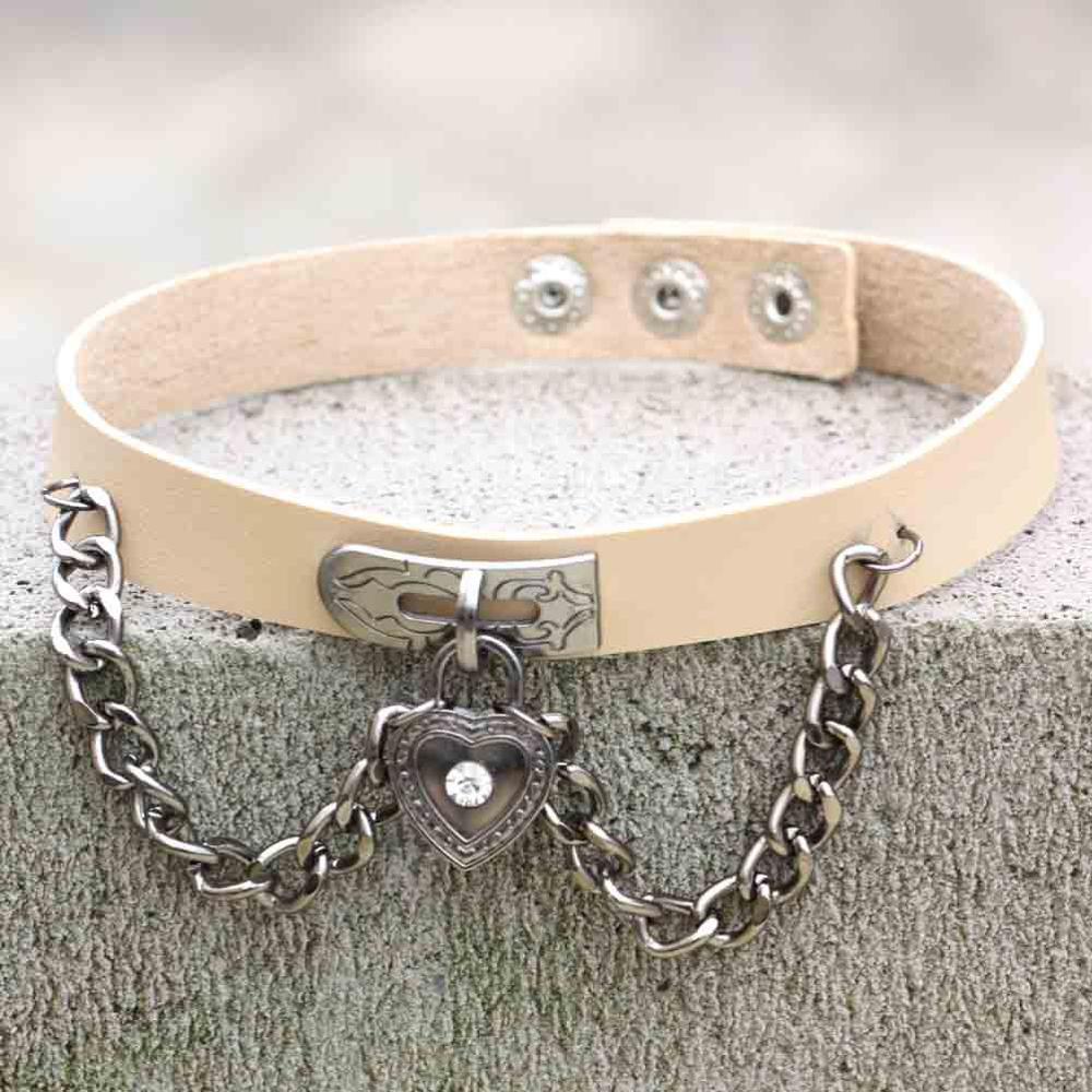 PU leather choker heart accessories Cool vintage necklace women Handmade Choker Necklace Goth Jewelry: begie