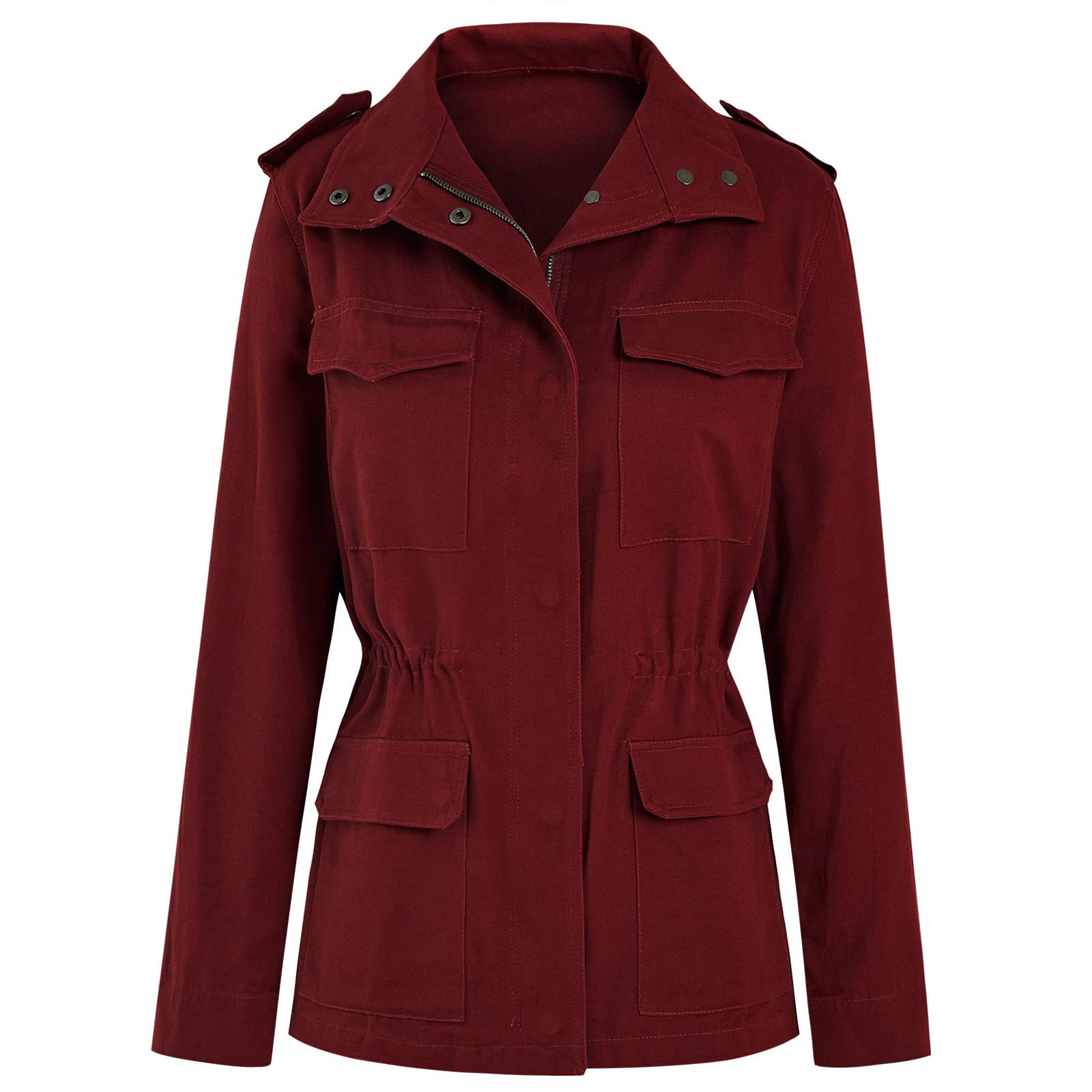 Autumn Women Waist Tunic Coats Retro Green Multi-Pocketed Jacket Turn-Down Collar Button Solid Color Outwear Coats: XXXL / Burgundy