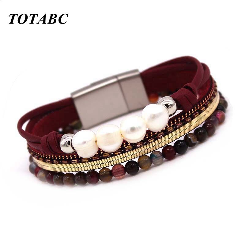 Totabc flerlags læderarmbånd til kvinder femme cool lås armbånd wrap armbånd magnet metal pulseira smykker: 4
