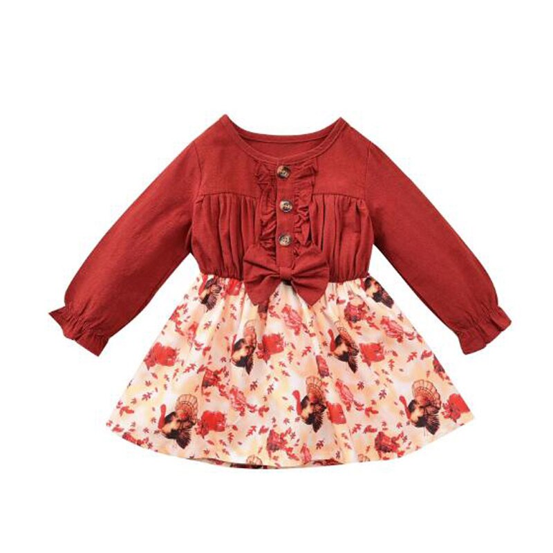 Pudcoco thanksgiving babyjurk met kalkoenprint, ruches, strikversiering, lange mouwen met bloemblaadjes en ronde hals.