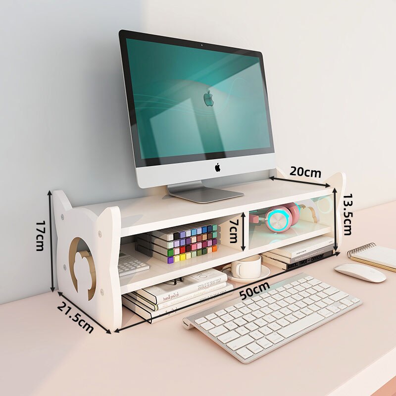 Cute Cat's Paw Monitor Stand Desk Storage Rack Wooden Computer Riser Desk Organizer Storage Shelves Cabinet Home Office Supplies: Double layer white