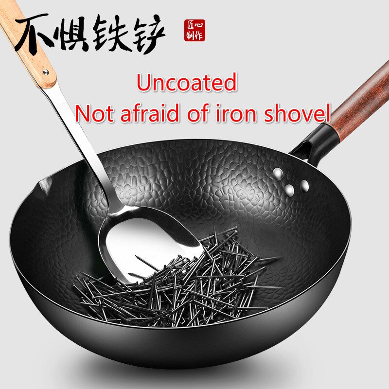 Handmade iron pot 32cm uncoated health wok non-stick pan gas stove induction cooker universal wood cover