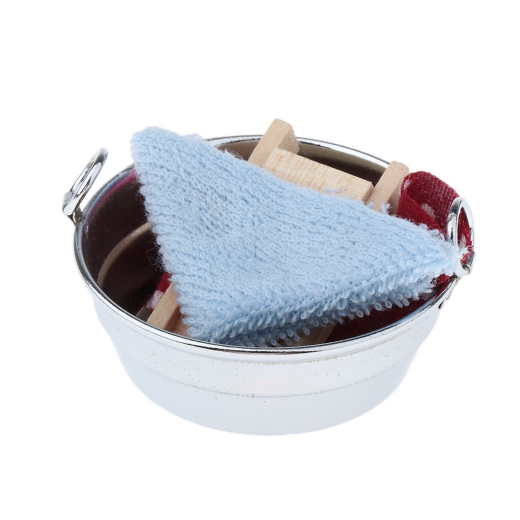 Miniatuur Ijzer Wassen Bad (Met Wassen Boord En Kleding) 1/12 Schaal, Voor Poppen Huis Decoratie, 5x5x2.5cm