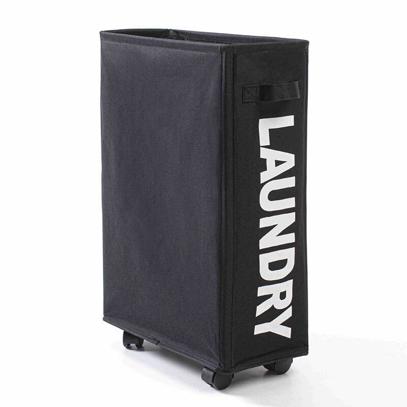 Slim Laundry Basket with Handle on Wheels Black Gray Beige Foldable Corner Storage Bins Waterproof Rolling Dirty Clothes Hamper: Black