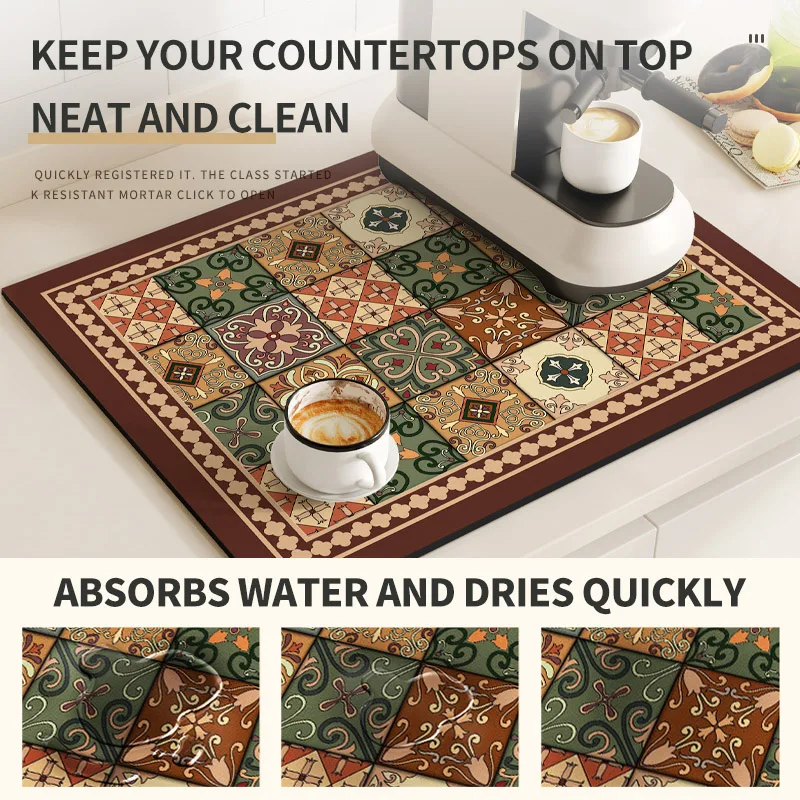 VIKAMA Kitchen Diatom Mud Mat Retro Coffee Machine Mat Waterproof Dish Drying Mats Quick Dry Drain Pad Draining Placemat