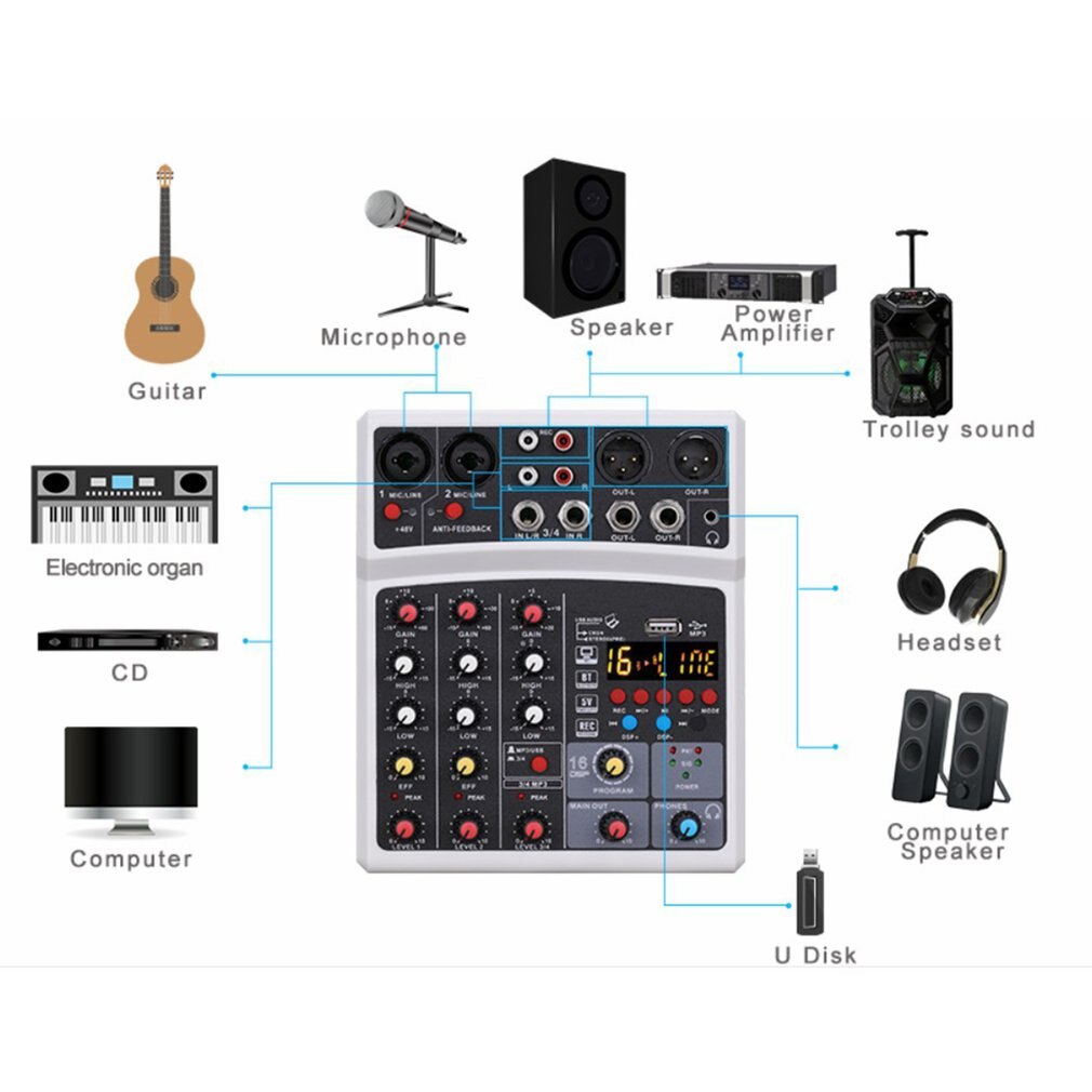 Tragbares mini-audio-dj-mixer-pult mit 4- kanälen, soundkarte, usb , 48v und phantomspeisung für pc-aufnahmen, gesang, webcasts und partys