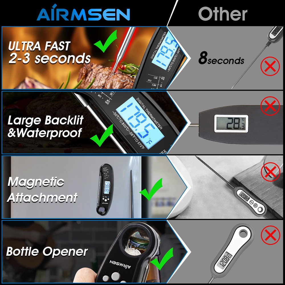 AIRMSEN Food Thermometer Kitchen Thermometer Digital Thermometer Meat Thermometer BBQ Waterproof Kitchen Cooking Tools