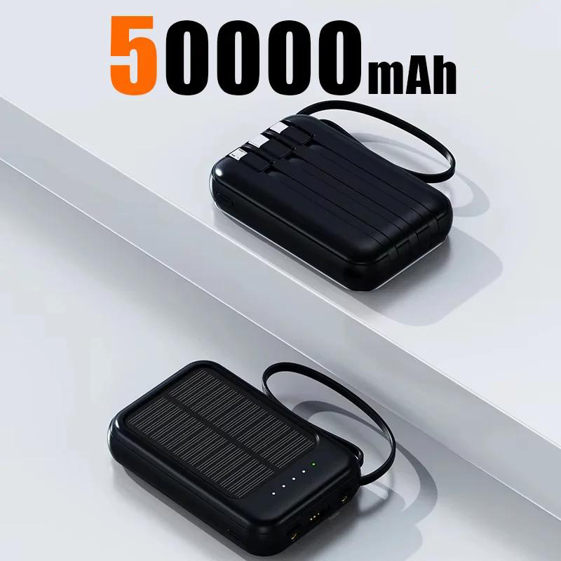 Solar--powerbank 50000 mah, hohe kapazität, ccc-zertifiziert, integrierte kabel, solarladegerät, 2 usb-anschlüsse, externes ladegerät, powerbank-LED, 2026 neue: Silber
