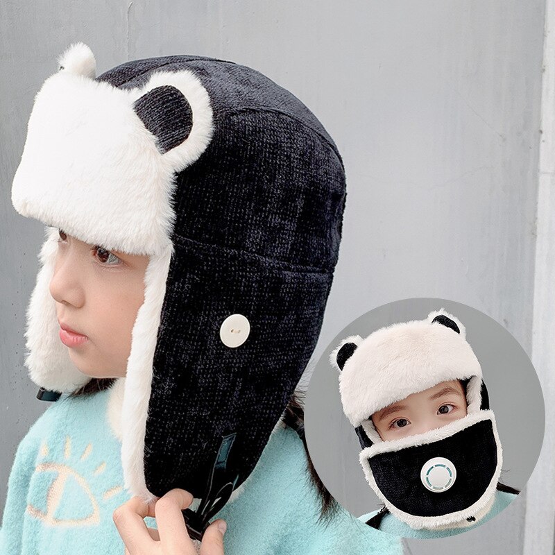 HT3382 Warm Russian Hat Kids Cute Ears Earflap Cap Boys Girls Winter Hats with Mask Children Windproof Russian Cap Bomber Hat