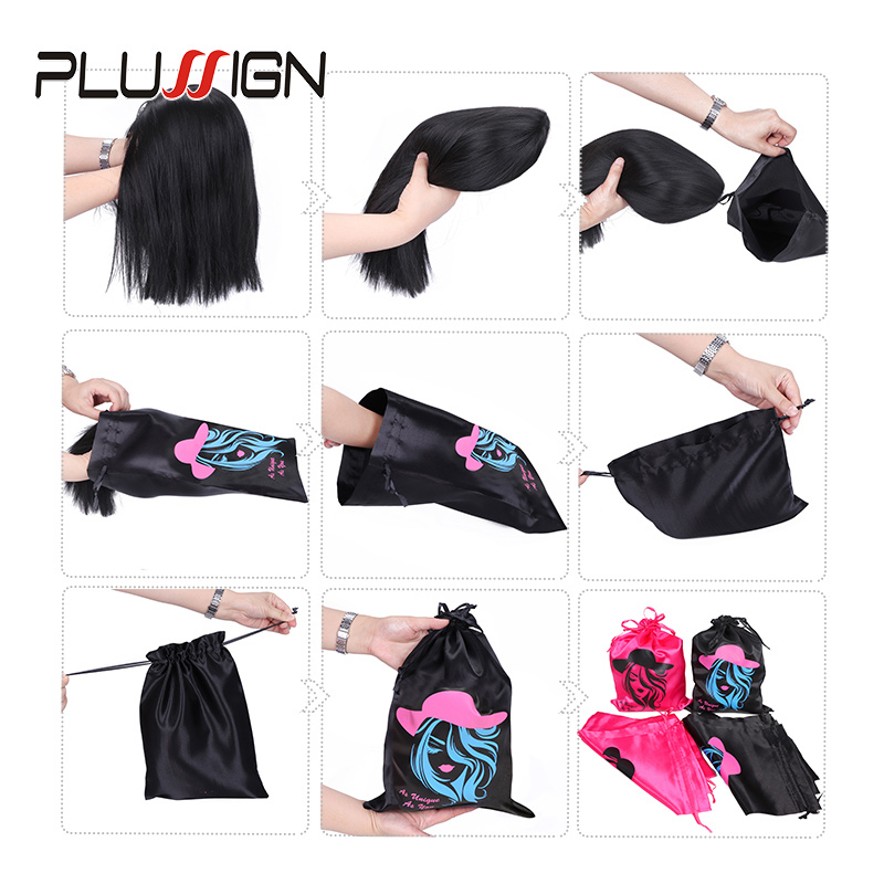 Satin--Aufbewahrungsbeutel, 25 x 35 cm, Perückenaufbewahrung, Satin--Perückentaschen, schwarz, rosa, weiche Seide, Perückentasche für Haar-Perücken-Verpackungswerkzeuge