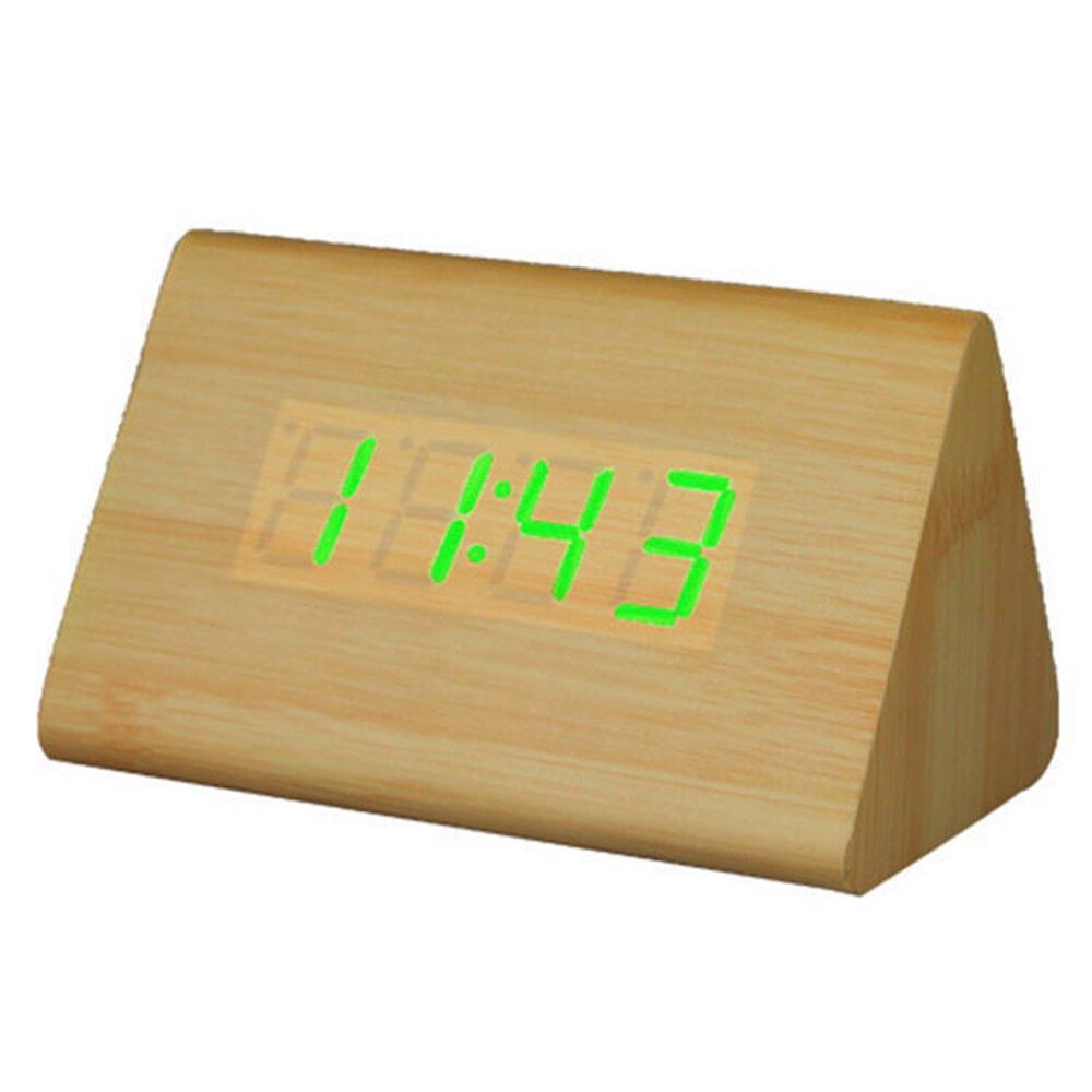 Moderne trekantet led træ vækkeur klassisk digital lydkontrol skrivebord ur termometer (sort træ og hvidt lys): Lysebrun