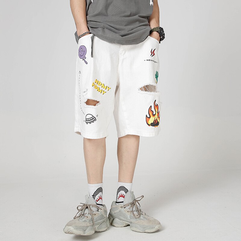 Summer Denim Harem Shorts Men Lightning Flame Print Hip Hop Knee Length Ripped Hole Streetwear Pockets Beach Shorts