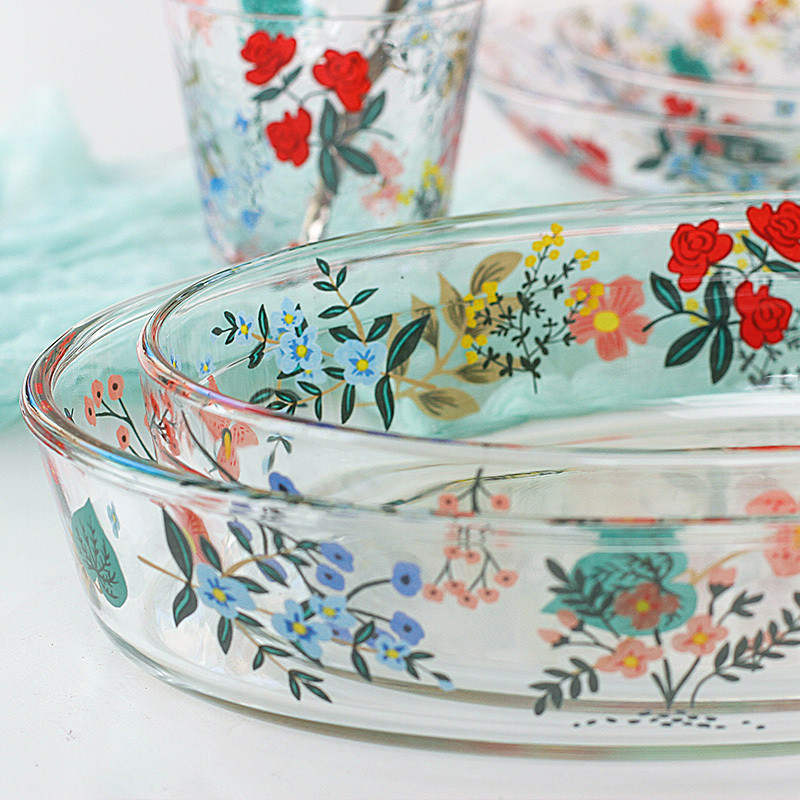 Assiette de cuisson en verre résistant à la chaleur, assiette à dîner ménagère, transparente, salade florale, bol à légumes, four, plat à Dessert, vaisselle