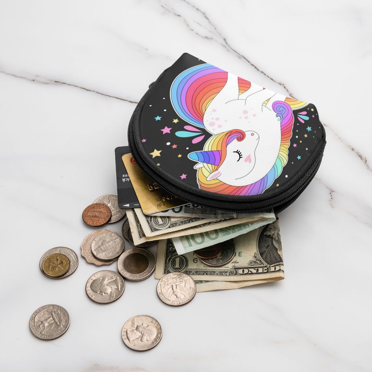 Kvinnor plånböcker dragkedja liten plånbok kort kreditkort myntväska kvinnlig vit enhörning med regnbåghår och stjärnor