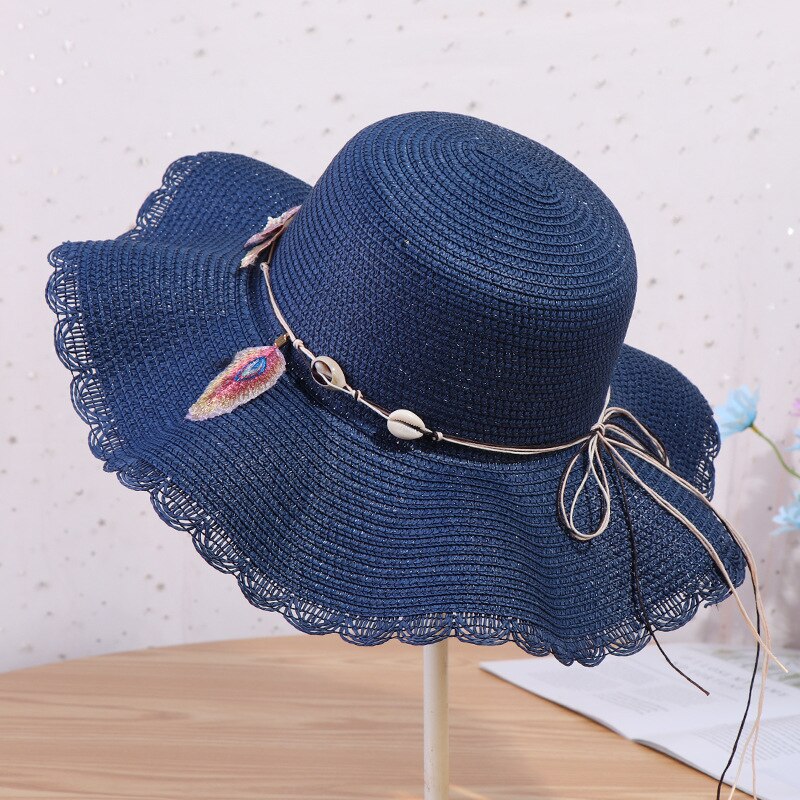 Vrouwen Zomer Hoed 2022 Zonnescherm Strooien Hoed Voor Dames Bloemen Lint Boog Cap Strand Hoed Mode Stro Hoed Uv bescherming Reizen Cap: dark blue