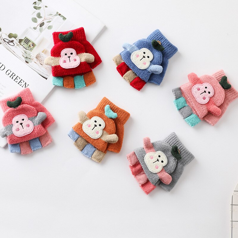 Bebê dos desenhos animados luvas de inverno da menina do menino luvas de malha quente conversível flip top fingerless luvas para crianças da criança crianças