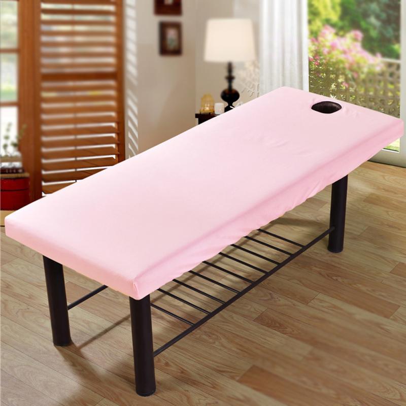 Polyester massagebordsklud sengetøjsark skønhedssalon spa sengetæksark med ansigtshul ren farve: Lyserød