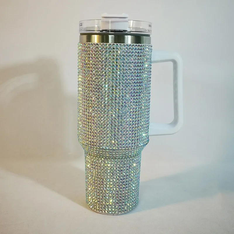 Taza Termo de diamante de 40oz con asa, botella aislada de café al vacío de acero inoxidable 304, frascos portátiles para coche