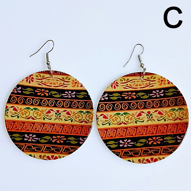 Afrykańskie kolczyki w stylu klasyczny drewniane kolczyki w stylu etnicznym kolczyki w stylu etnicznym tkanina wzór nadrukowany pętle na uszy dla damska biżuteria na prezent: C