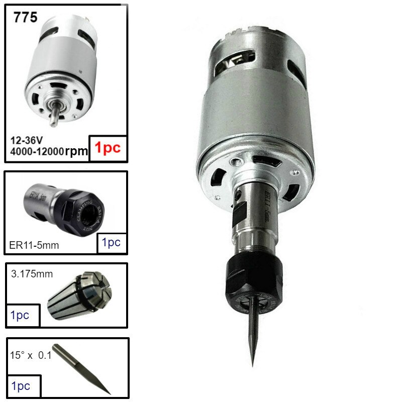 775 DC Motor 12-36V Ball Bearing Spindle Motor with ER11 Extension Rod Carving Knife for CNC Router Machine 1610/ 2417/ 3018: Option 1