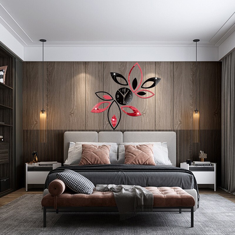 Reloj autoadhesivo 3D para decoración del hogar, pegatina de pared con espejo de loto rojo y negro, estilo nórdico, para sala de estar