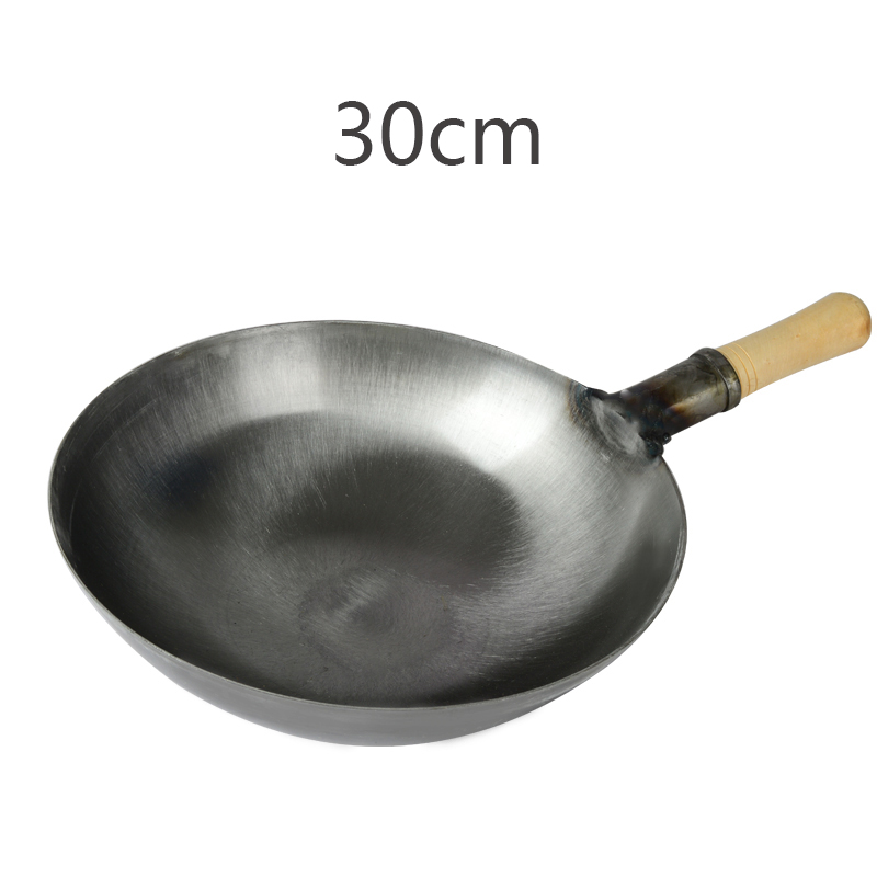 Traditional Handmade 100% Iron Wok Thickening Non Coated Round Bottom Pan Wok Cook Large Cooking Pot Wood Handle Lid: Wood 30cm