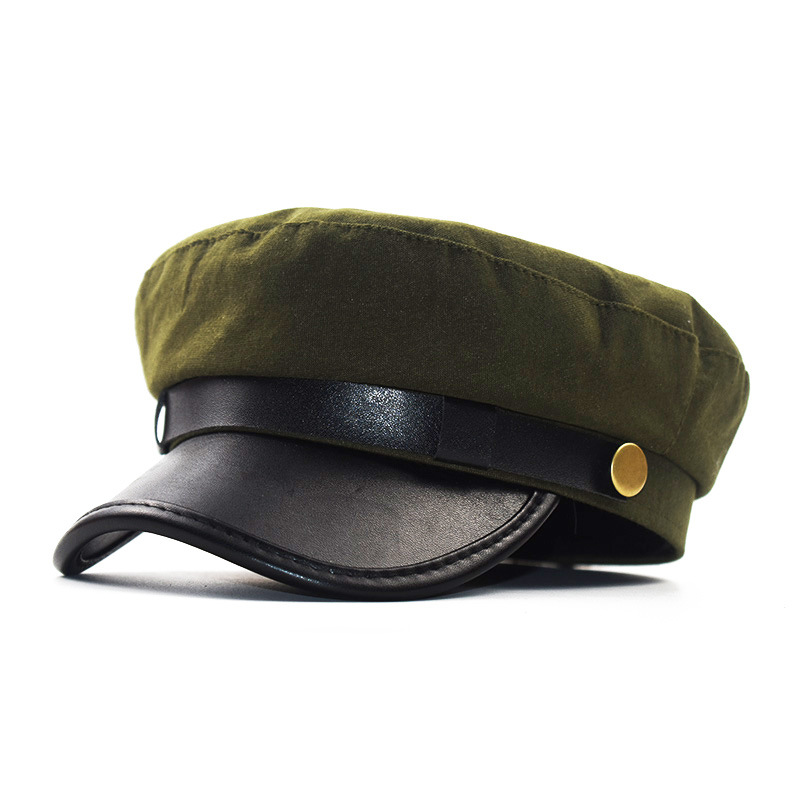 Nueva boina palabra PU cuero tapa superior plana niñas mujeres algodón salvaje transpirable pato lengua Octagonal gorra femenina Inglaterra temporada Unisex: Verde militar