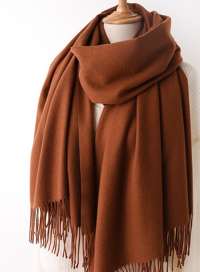 JulyPalette Solid Color Cashmere Scarf For Women Autumn Tassel Lady Long Shawls Pashmina Scarf Winter Warm Thicken Wool Scarves: Coffee