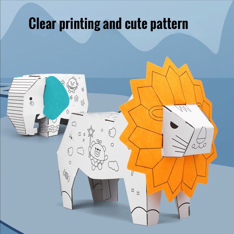 DIY 3d Carton Handmade Cardboard Animal Graffiti Model Kindergarten Carton Toy Can Be Colored Make Lion Elephant Toys