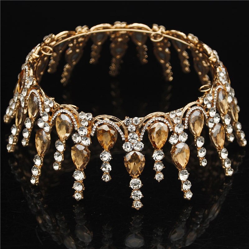 Wedding Tiara Crown - Round Rhinestone Bridal Headpiece - Gold & Silver Plated Zinc Alloy: Gold Yellow