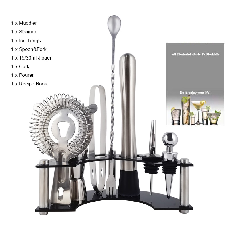 Ideal Drink Mixing Tool Kit, Bartender Kit, Bar Tool Set Cocktail Making Set with Stand Spoon Muddler Strainer Ice Tong Jigger: BY-Sliver Rack