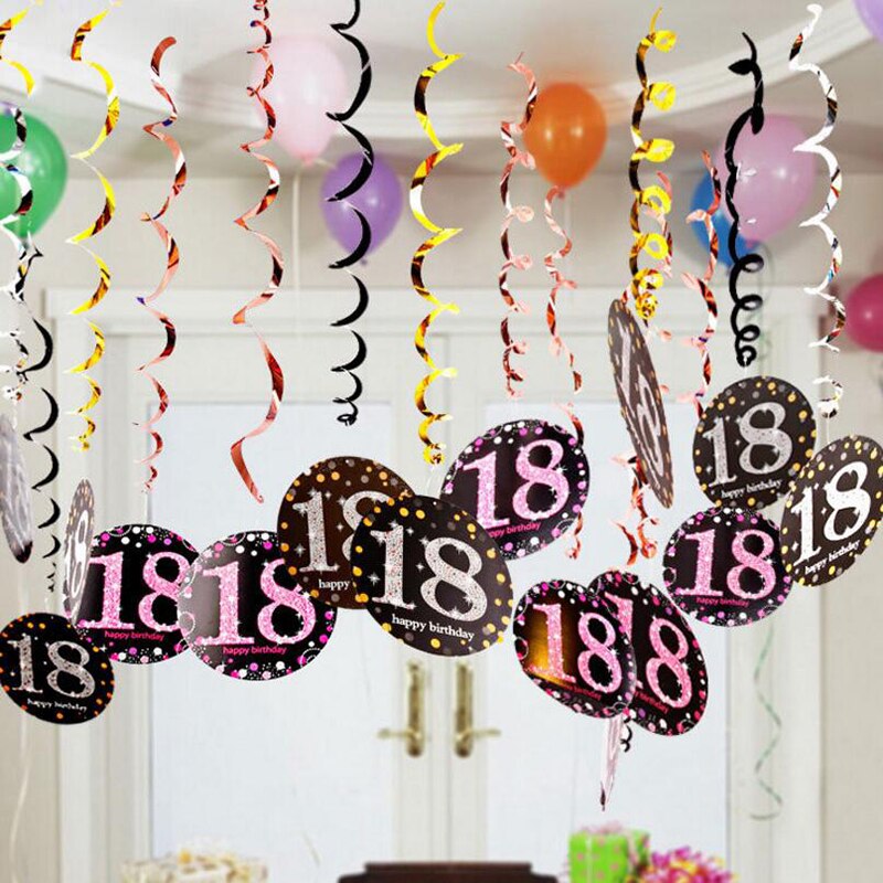 6pcs/set PVC Spiral Happy Birthday Swirl 18 21 30 40 50 60 70 Years Old Hanging Birthday Party Decorations Colored Ribbon