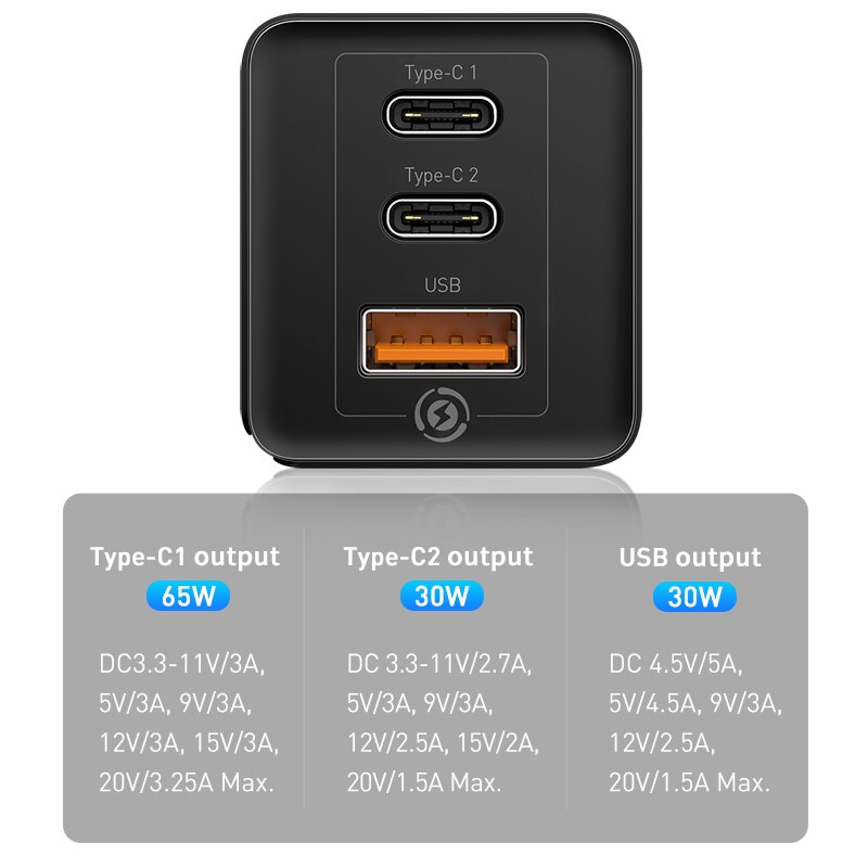 Baseus 65W GaN Ladegerät Schnell Ladung 4,0 3,0 Typ C PD Schnelle Ladegerät 3 Hafen USB Ladegerät mit QC 4,0 3,0 tragbare Telefon Ladegerät