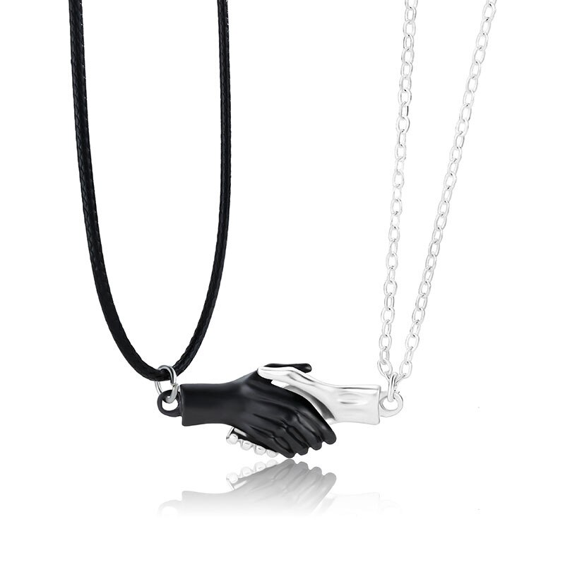 2 Stks/set Magnetische Paar Ketting Liefhebbers Houden Handen Hanger Afstand Charm Ketting Vrouwen Mannen Vriendschap Valentijnsdag: black-silver
