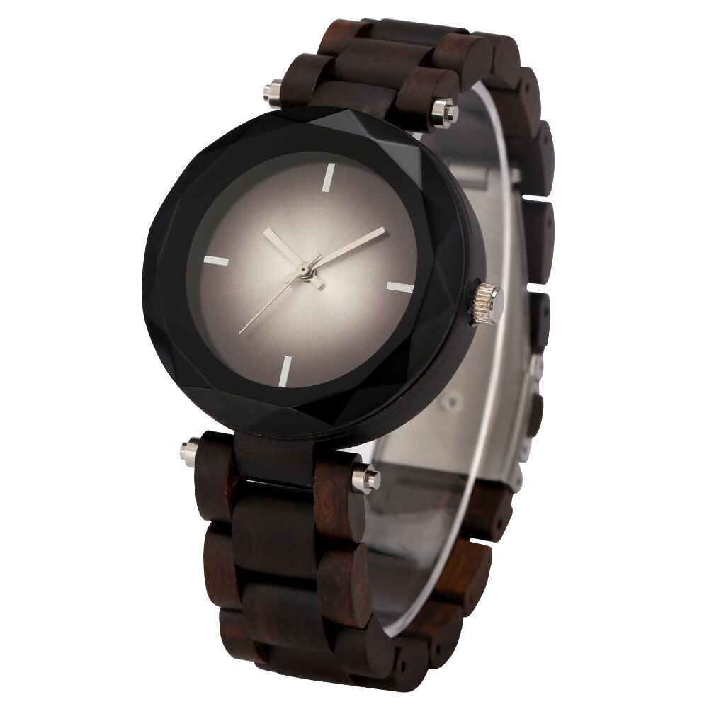 Relojes sencillos de madera para Mujer, Reloj de pulsera de cuarzo con esfera negra brillante, pulsera de madera completa, caja de ,