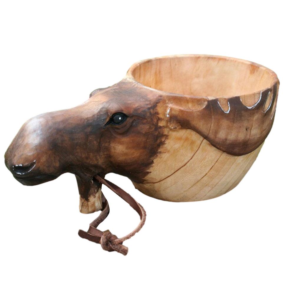 Holz Becher Hand Geschnitzte Ebene Kopf Tasse Fuchs Wolf Wildschwein Ebene Kopf Griff Wasser Tasse Tragbare Camping Kaffee Tassen mit Schlüsselband: verrotten