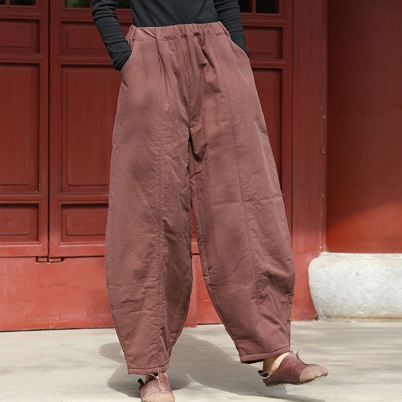 Johnature Cotton Linen Leisure Elastic Waist Warm Harem Pants Autumn Winter Loose Comfortable Women Full Length Pants