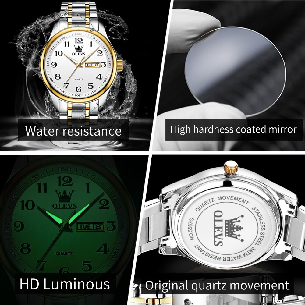 OLEVS-reloj de cuarzo clásico para hombre, cronógrafo de pulsera, esfera Digital, indicador de fecha y semana, luminoso, resistente al agua, dorado