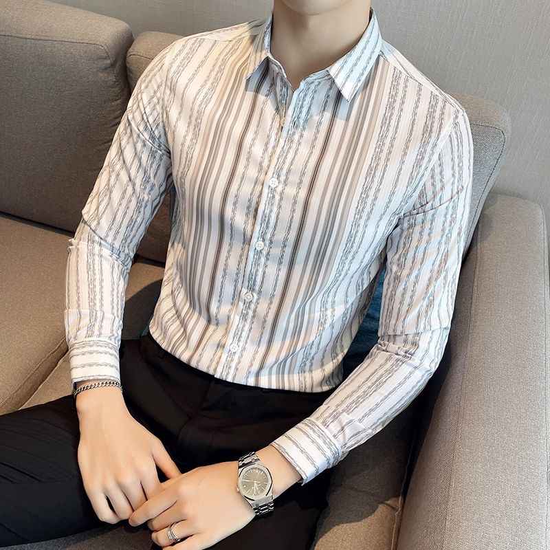 Spring Autumn Striped Printing Bottoming Shirt Men Korean Long Sleeve Vintage Business Casual Blouse Male Cardigans Top: 4XL / WHITE