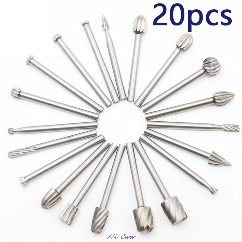 20pcs Solid Carbide Burr Set shank Tungsten Carbide Rotary Files Burrs with 3mm Cutting Head diameter Fits for Woodworking