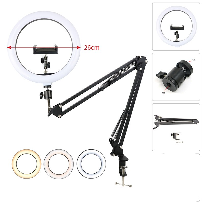 10'' Dimmable LED Selfie Ring Light With Desk Long Arm Holder Camera Phone USB ring lamp Photography Light With Remote Control