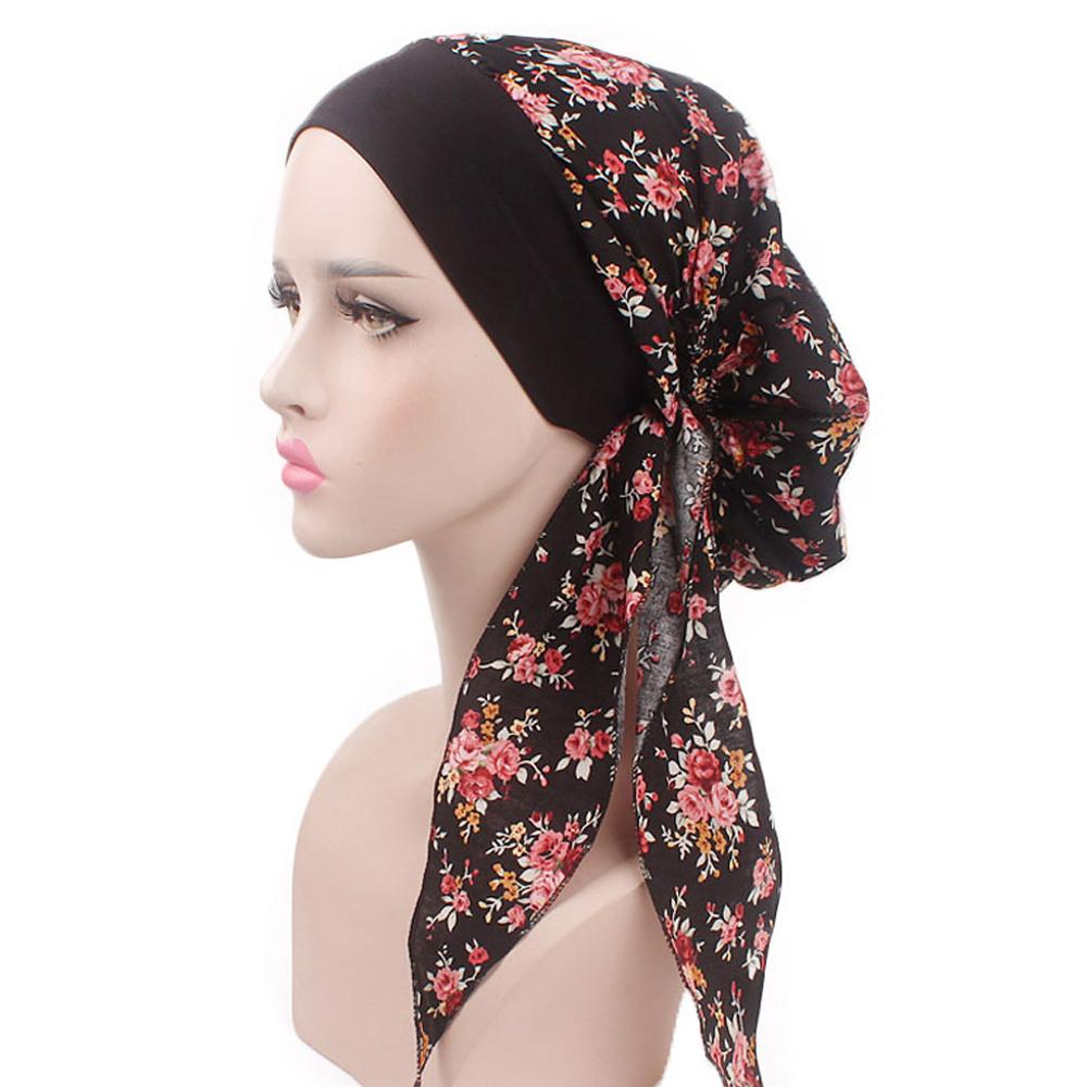 Kvinders kemo hat turban hoved tørklæder forbundet hovedbeklædning bandana elastikbånd blødt: Sort