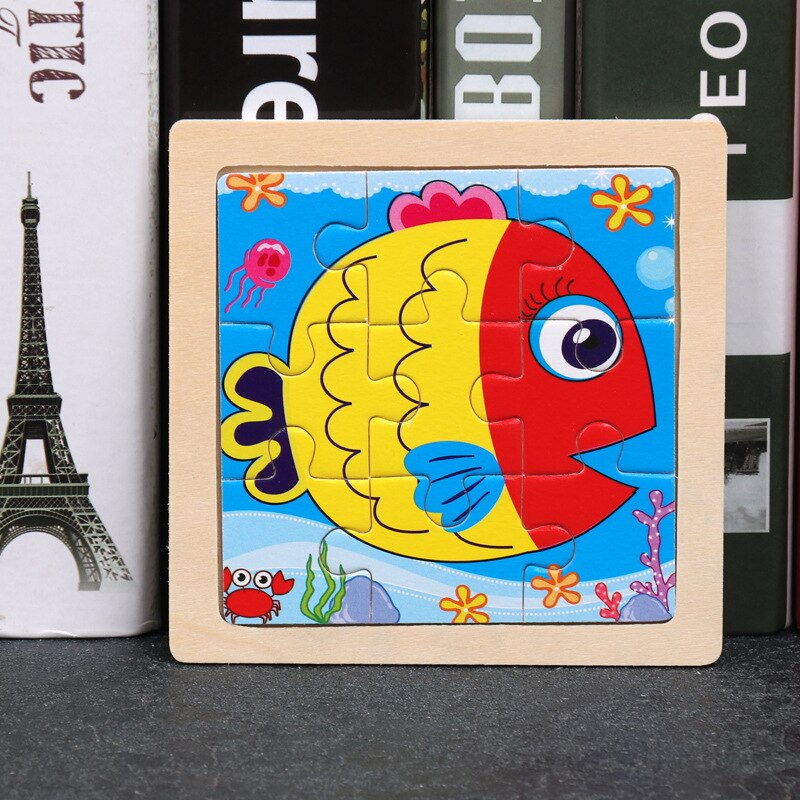 Puzle de madera de juguete para niños, 9 piezas, 3D, mini tamaño, dibujos animados, animales, tráfico, tangram, puzzle, educación: 7-fish